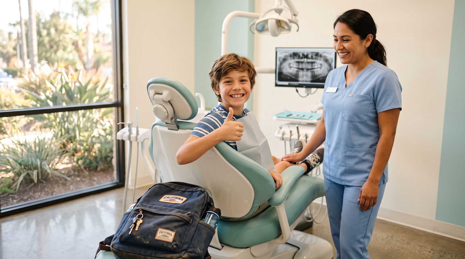 Child giving a thumbs up during a back-to-school dental checkup in San Diego