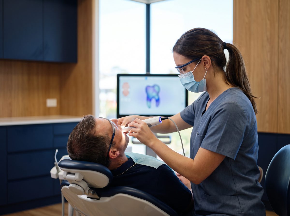 Dentist using a CEREC digital intraoral scanner for a same-day crown in San Diego