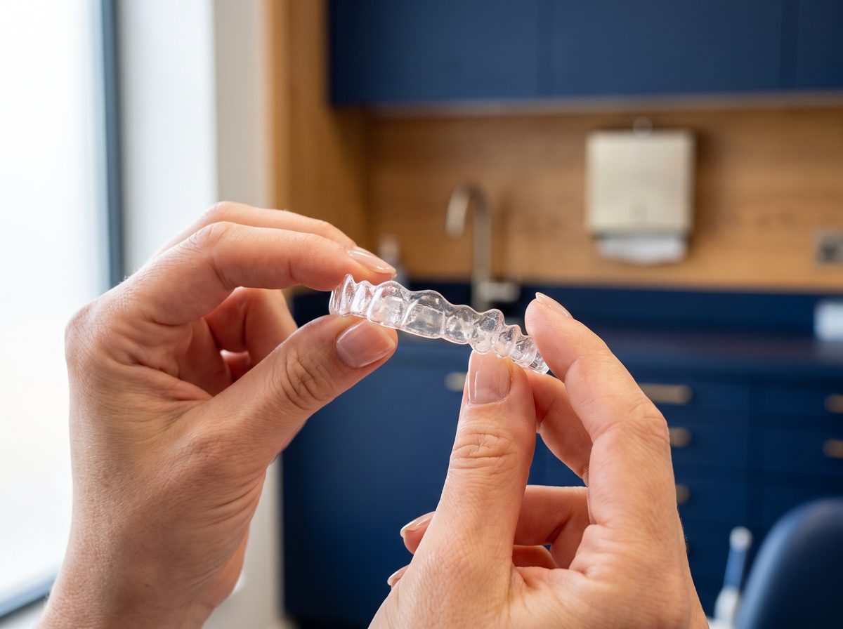 Close-up of a clear orthodontic aligner tray at a San Diego dental office