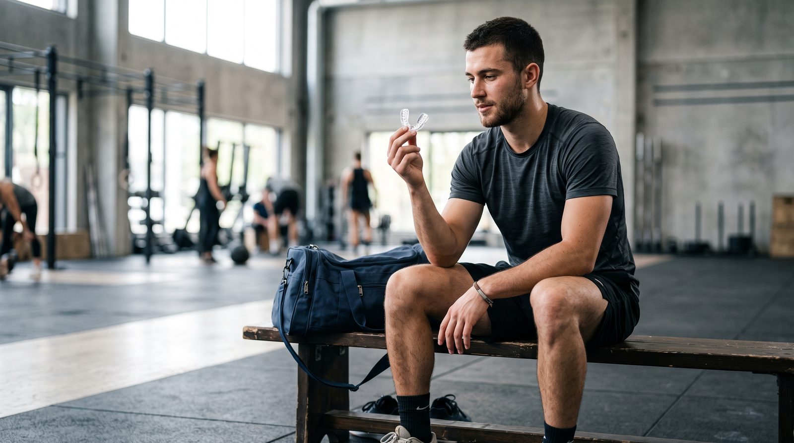 Athlete holding a clear custom-fitted mouthguard at a San Diego gym