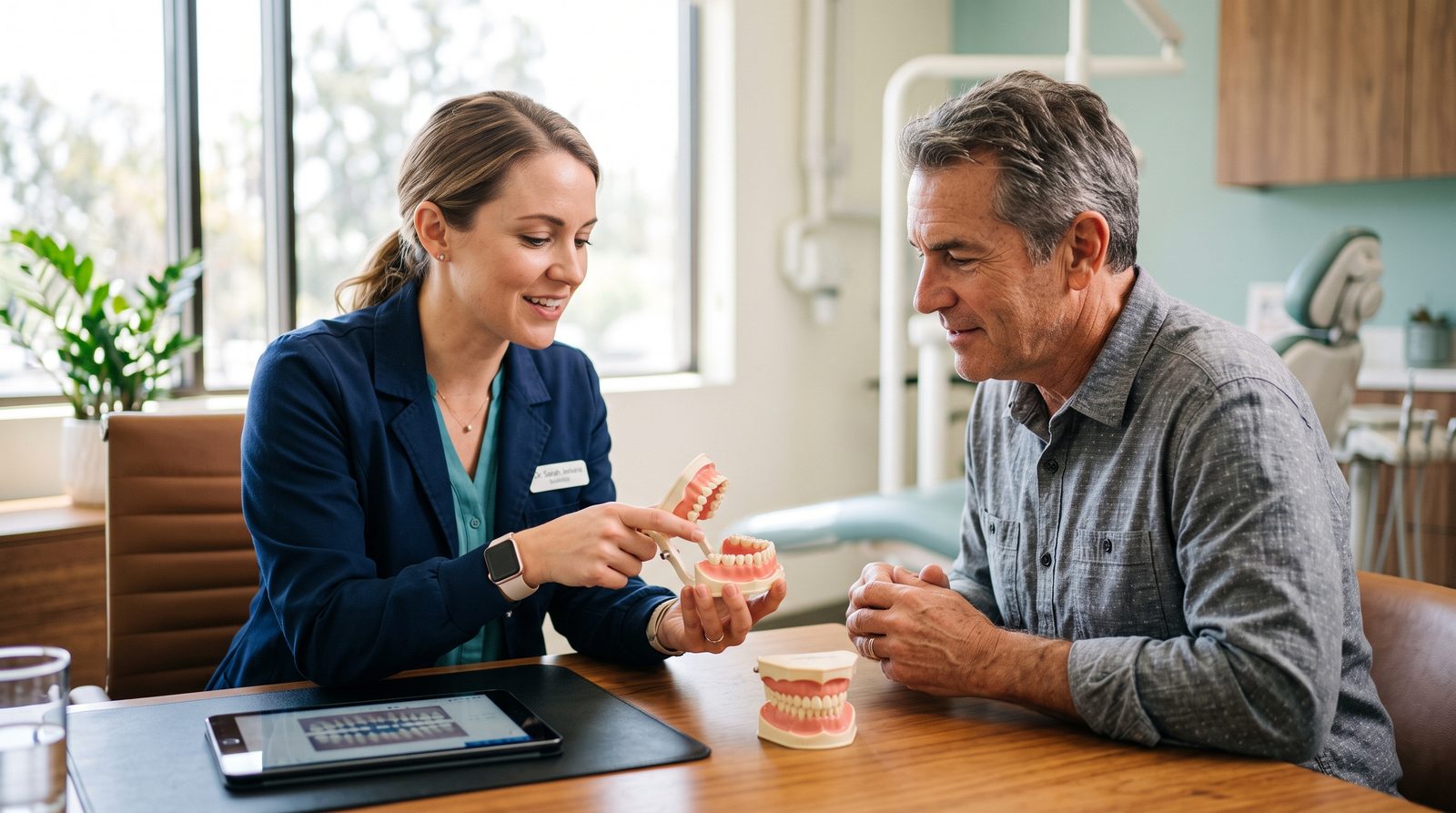 San Diego dentist comparing dental implants and dentures with a patient