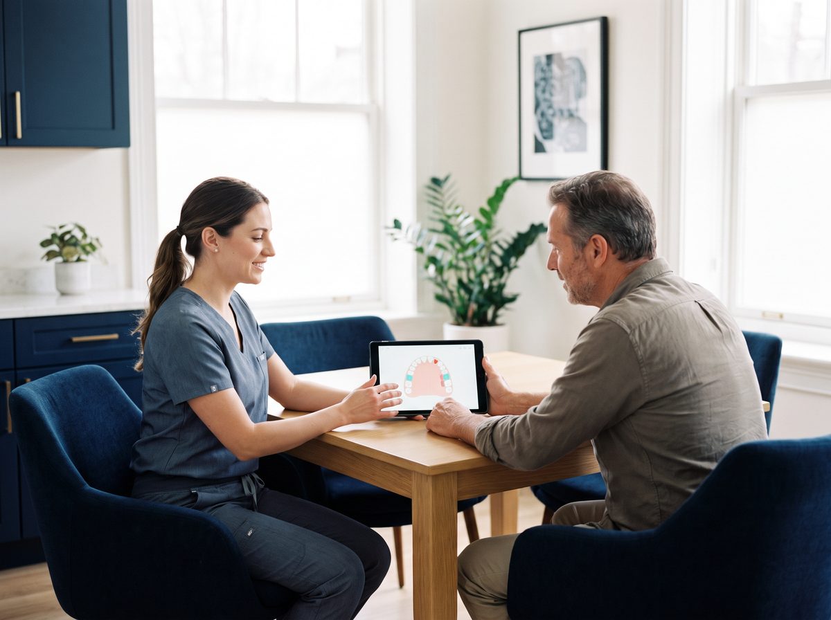 Treatment coordinator reviewing a dental treatment plan and insurance estimate with a patient