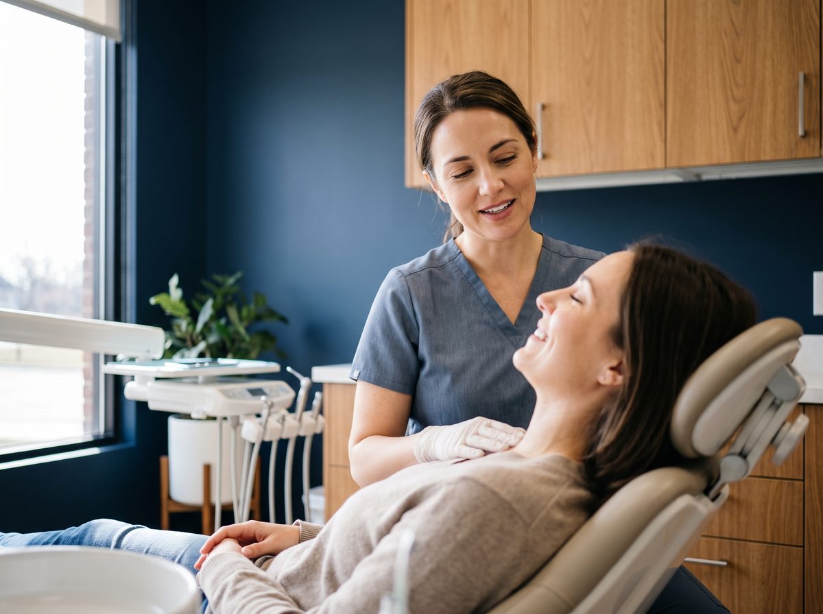 Dentist reassuring a calm patient during an emergency dental visit in San Diego