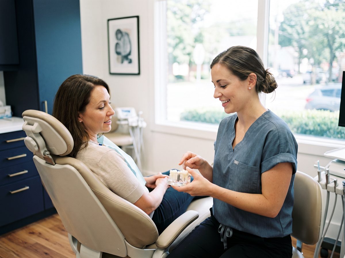 San Diego dentist explaining a dental implant model to a patient at Precision Dental Arts