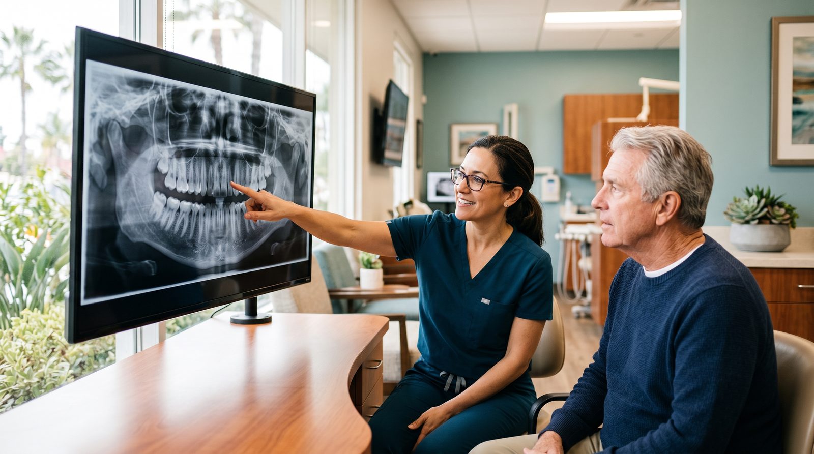 Dentist reviewing a panoramic x-ray with a patient planning full mouth reconstruction