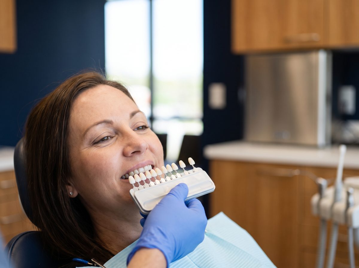 Cosmetic dentist matching a porcelain veneer shade guide to a patient's smile in San Diego