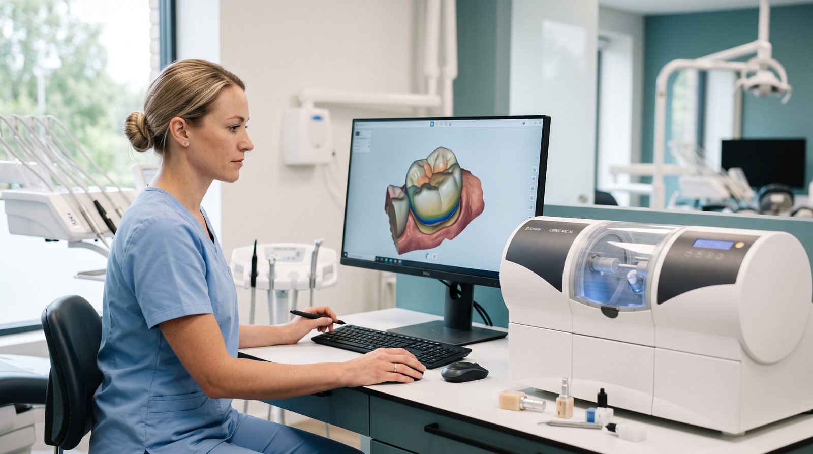 CEREC same-day dental crown being designed on a chairside computer in a San Diego dental office